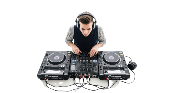 DJ with Mixer and Turntables transparent bg, cutout PNG