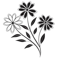 A black-and-white illustration of three flowers with layered petals, curved stems, and pointed leaves, arranged in a clean, decorative style.
