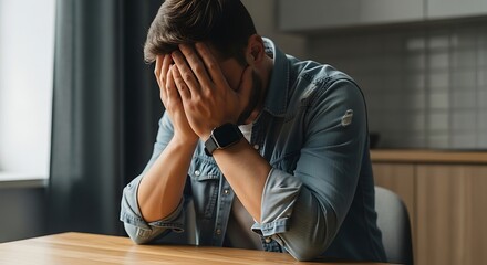 Upset and stressed man sitting alone at a table, covering his face with his hands in despair and frustration.