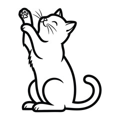Playful feline silhouette: A captivating monochrome silhouette of a charming cat poised in a playful stance, reaching upwards with its paw. It is a minimalist representation.