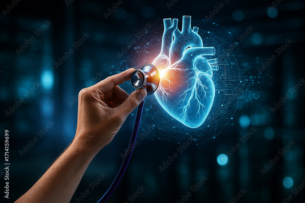 Poster ai generated ultra realistic medical visualization showing a doctor hand using stethoscope to examin