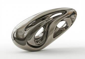 A highly reflective, silver abstract sculpture with smooth curves and openings rests on a white surface, creating a dynamic visual contrast.