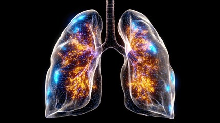 A stunning digital illustration of human lungs, showcasing a luminous network of colors representing airflow and function. Ideal for medical and educational projects.