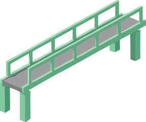 Isometric bridge illustration, pedestrian walkway design, modern structure vector, architecture element, construction graphic, green railing, urban infrastructure drawing, engineering concept