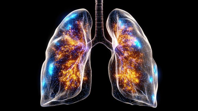 A stunning digital illustration of human lungs, showcasing a luminous network of colors representing airflow and function. Ideal for medical and educational projects.