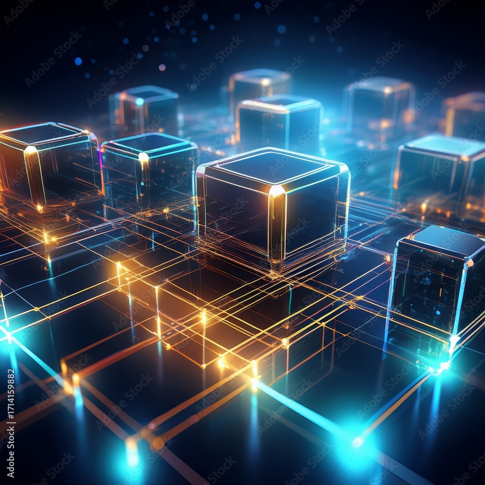Poster abstract futuristic technology with glowing cubes connected by circuits, representing data network.