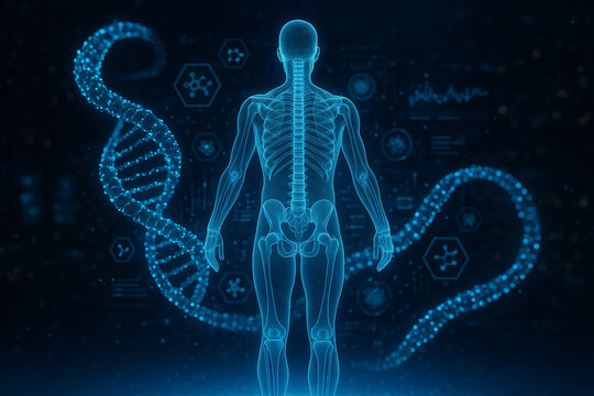 AI generated futuristic medical visualization showing holographic human body with glowing DNA strands symbolizing genomics precision medicine and advanced digital healthcare - Powered by Adobe