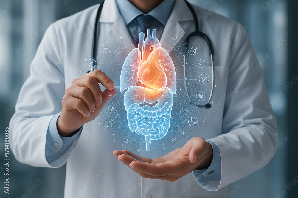 Poster ai generated futuristic medical visualization showing hologram of human heart lungs and digestive sy