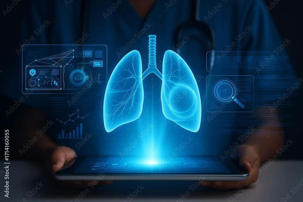 Poster ai generated futuristic medical scene showing holographic lungs with digital data dashboard represen