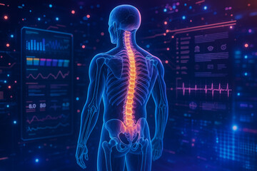 AI generated digital artwork of a human body hologram viewed from the back highlighting glowing spine and skeleton with futuristic medical dashboard and sci fi healthcare atmosphere