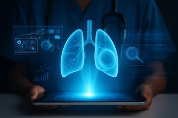 AI generated futuristic medical scene showing holographic lungs with digital data dashboard representing advanced healthcare and precision diagnostics