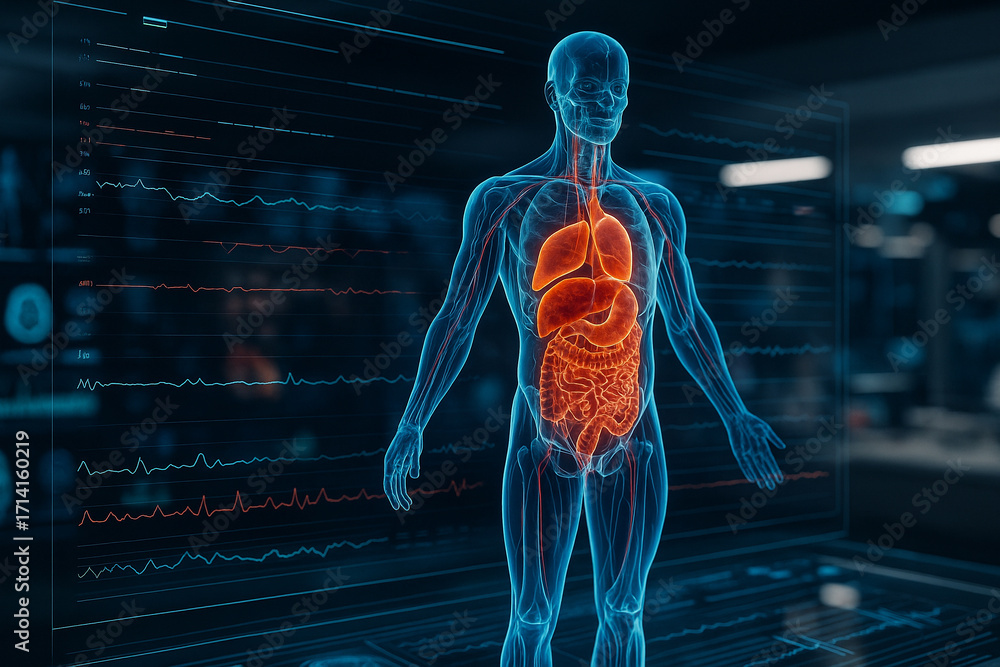 Poster ai generated futuristic medical visualization showing holographic human body with glowing organs and