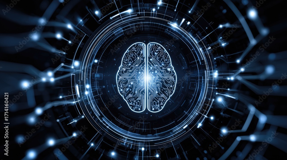 Poster an abstract illustration of a brain with digital circuits on a dark background, symbolizing artifici