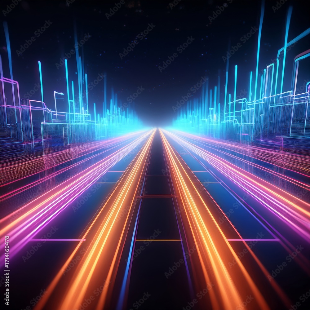 Aufkleber cyberpunk cityscape: a futuristic view with neon lights and high-speed data streams