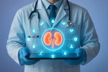 AI generated digital artwork of doctor holding tablet with glowing human kidneys hologram surrounded by medical icons symbolizing futuristic healthcare and precision medicine