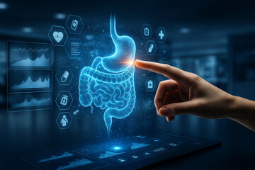 AI generated futuristic medical visualization showing human digestive system hologram with interactive hand and digital health interface in a modern laboratory setting