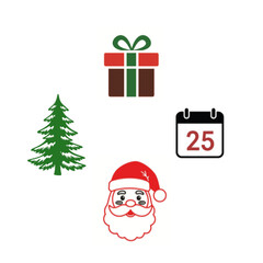 Christmas icons of santa claus, tree, gift and calendar isolated on white background