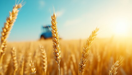 Fototapeta premium Golden wheat field at sunset, with a tractor visible in the background, showcasing a bountiful harvest