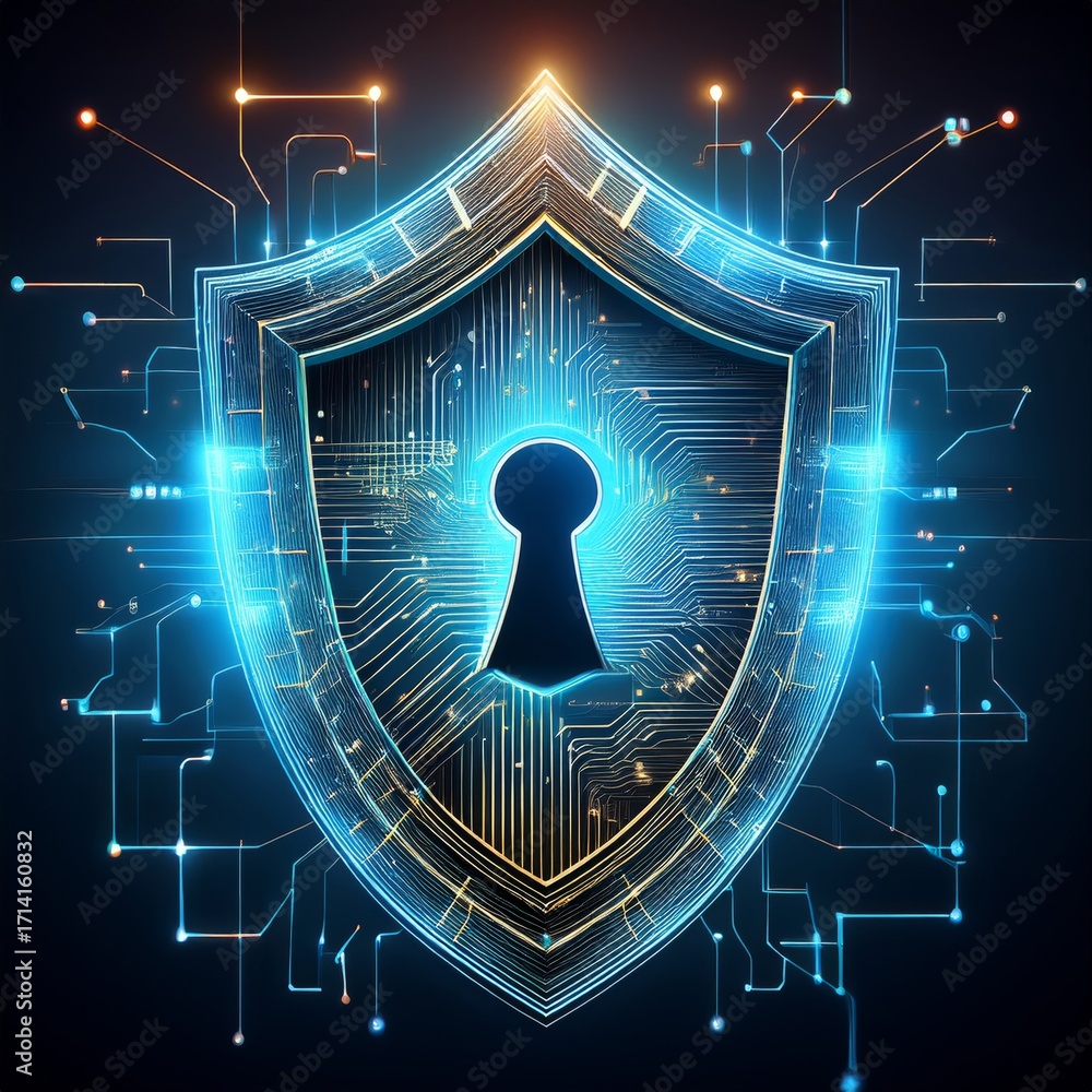 Aufkleber digital shield: a secure cyber fortress with glowing circuitry and keyhole, safeguarding information