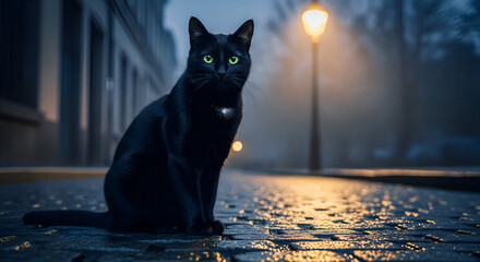 Black Cats Night Watch: Urban Feline in the City Lights.