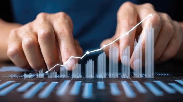 A close-up of hands manipulating digital graphs on a touchscreen, showcasing data analysis and financial growth