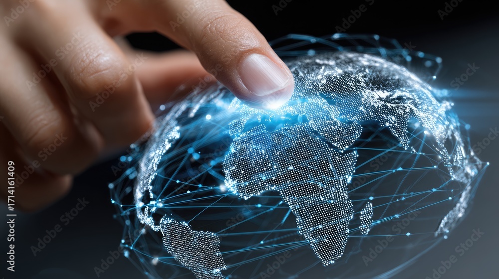 Poster a futuristic hand touching a digital globe, illustrating interconnected networks and data flow acros