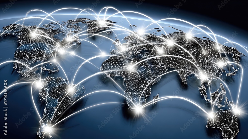 Poster a digital world map illustrating global connectivity through illuminated lines representing data tra