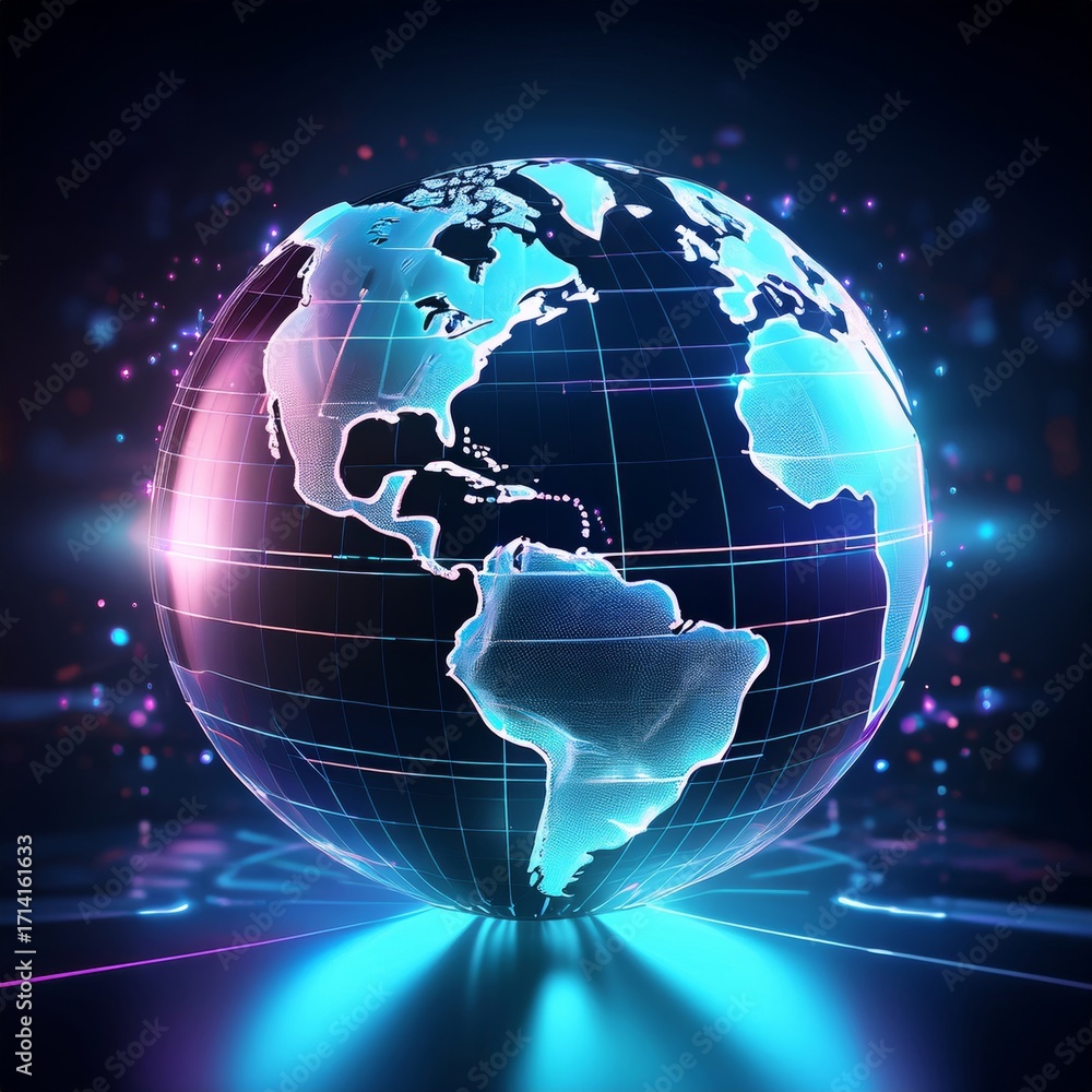 Poster futuristic holographic earth globe with grid lines and glowing particles, representing global networ