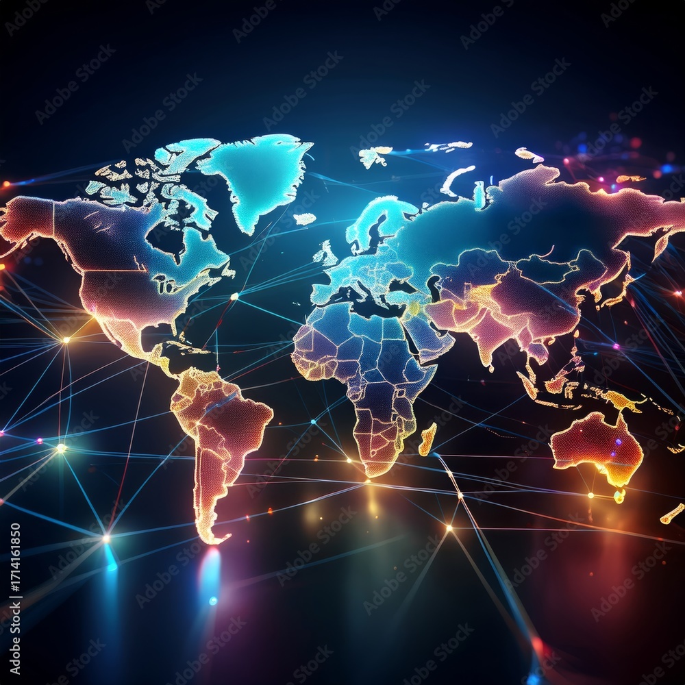 Poster global network connectivity: a digital world map with interconnected data points and lines