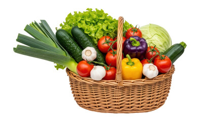 Isolated basket of fresh vegetables in a basket with leeks, tomatoes, lettuce and cucumbers