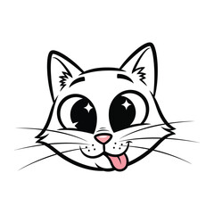 Whimsical Cat Face Portrait: A charming cartoon cat face, featuring adorable large eyes, a pink nose, and a playfully protruding tongue, rendered in a clean, vector style, radiating joy and fun.