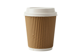Isolated disposable coffee cup with textured brown cardboard sleeve and white lid, coffee-to-go