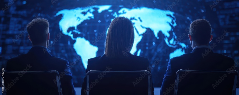 Poster three individuals in suits observe a digital world map, highlighting global connectivity and technol