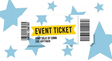 A light blue event ticket with a yellow banner reading event ticket is surrounded by scattered light blue stars on a transparent background
