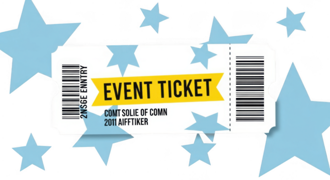 A light blue event ticket with a yellow banner reading event ticket is surrounded by scattered light blue stars on a transparent background