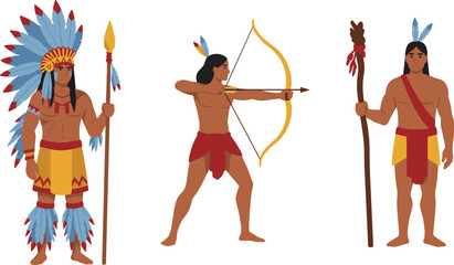 Native American warriors with traditional feather headdress, bow and arrow, tribal spear, indigenous culture, ethnic costume, history, heritage illustration