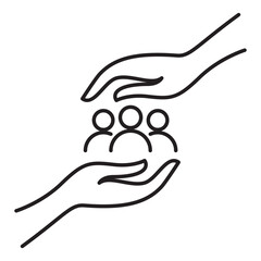 Two hands protecting people linear icon for community care and human rights vector