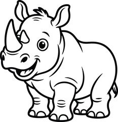 Cute cartoon baby rhinoceros with a big smile and large horn standing on white background