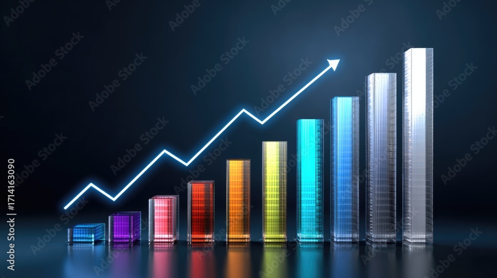 Poster This vibrant image represents growth in business with colorful ascending bars and an upward pointing arrow against a dark background, symbolizing success and progress.
