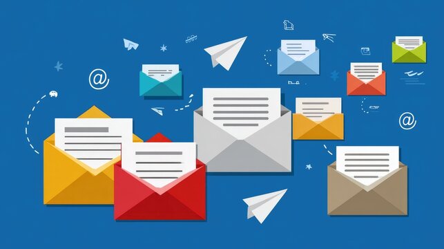A colorful collection of envelopes and paper airplanes representing email communication. A vibrant blue background enhances the theme of modern messaging and connectivity.