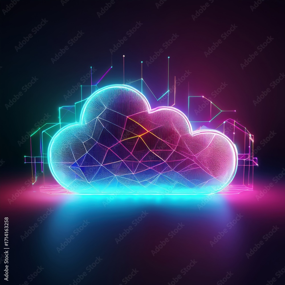 Poster neon cloud: a futuristic digital representation of cloud computing technology with data connections 