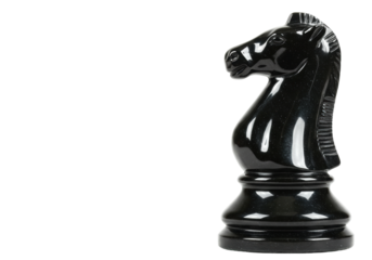 Isolated chess knight, black figurine, strategic game, strategy concept, competition game