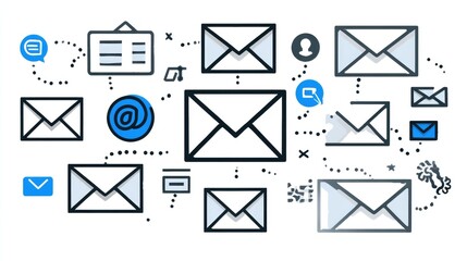 A modern email communication concept depicting various mail icons interconnected. This illustration captures the essence of digital communication in today's fast-paced world.
