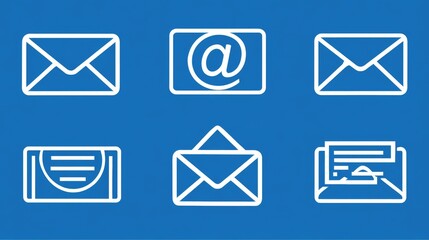 A collection of modern email icons illustrating digital communication. Featuring various envelope designs and an at-sign on a vibrant blue background for visual impact.