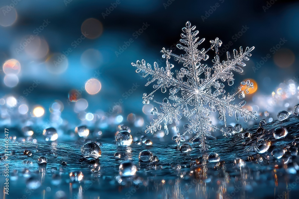 Poster intricate snowflake on wet surface with bokeh