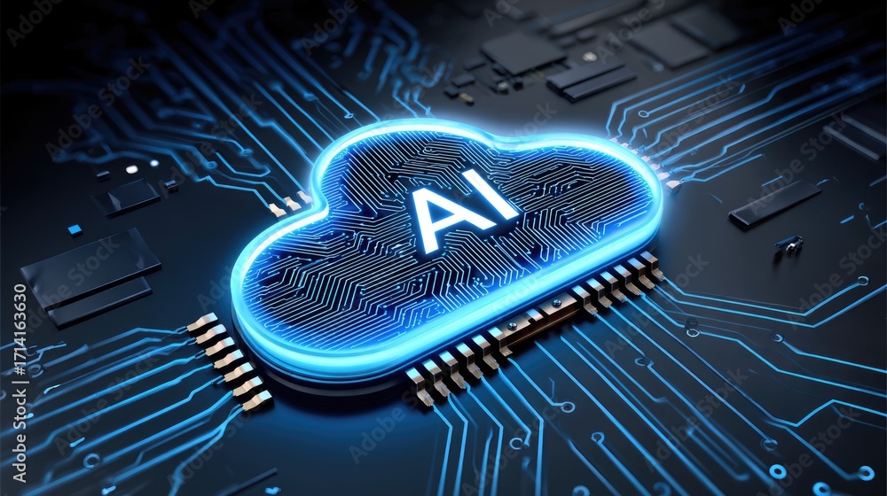 Poster a futuristic representation of artificial intelligence with a glowing cloud symbol over a circuit bo