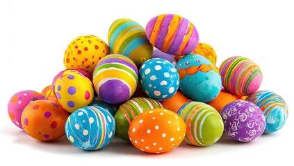 Obraz premium Colorful Easter eggs piled high on white background. 