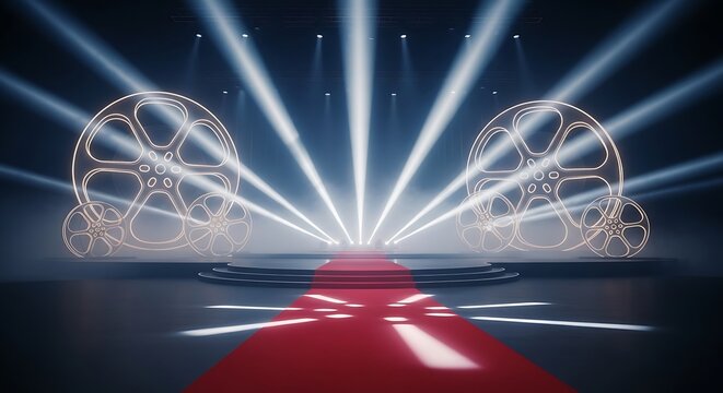 Empty film awards stage with red carpet, glowing movie reels, and bright spotlights, set for a grand cinematic event or film premiere.