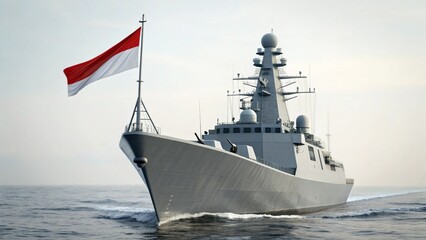 Modern Indonesian Navy Warship with National Flag Sailing on Open Sea for Transport