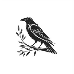 Fototapeta premium Stylized black raven perched on a branch with leaves